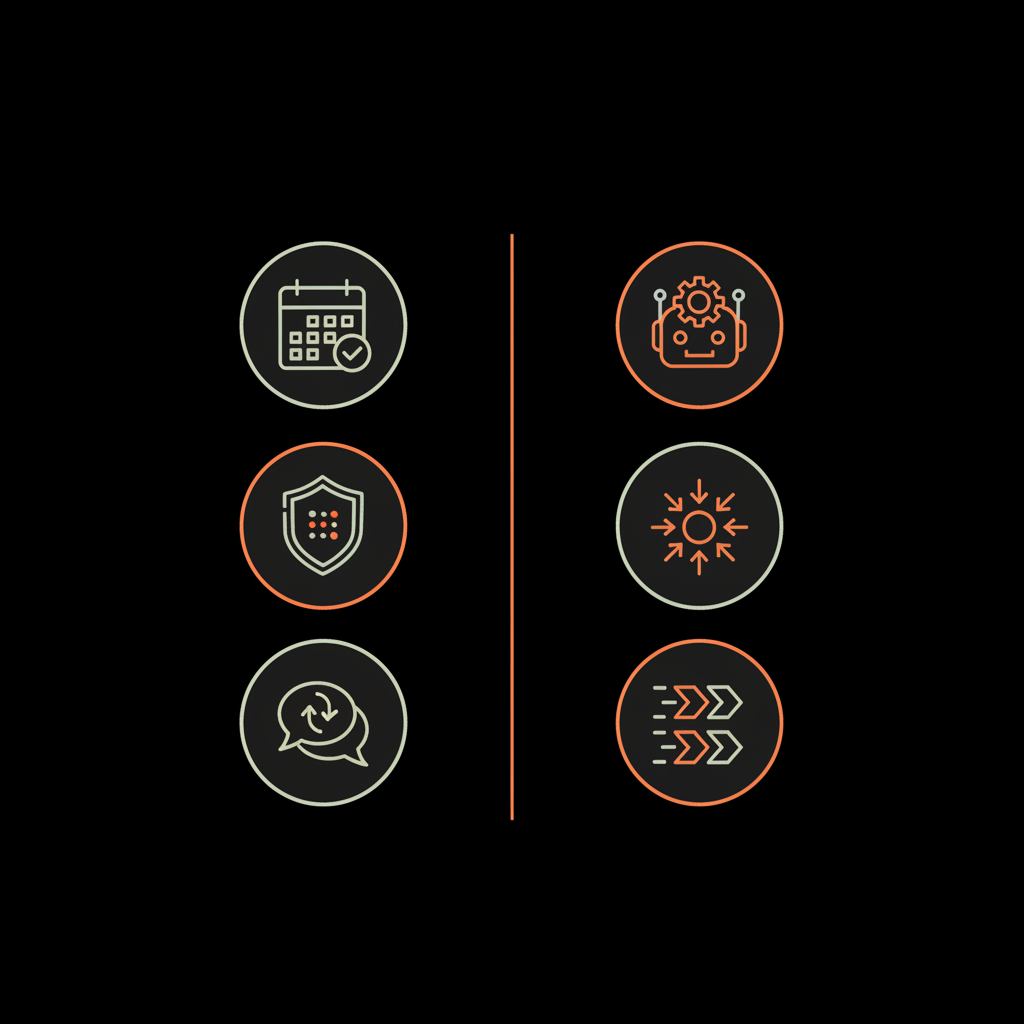 Why is Instagram restricting my activity? Minimal 2D vector infographic comparing safe actions (scheduling, 2FA, manual replies) versus risky actions (automation tools, mass follows) using Social Success Hub brand colors.