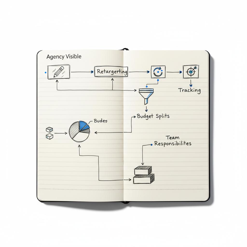 Top-down open notebook with hand-drawn campaign flowcharts illustrating creative, retargeting, and tracking nodes with subtle #1a5bfb accents &mdash; X ads