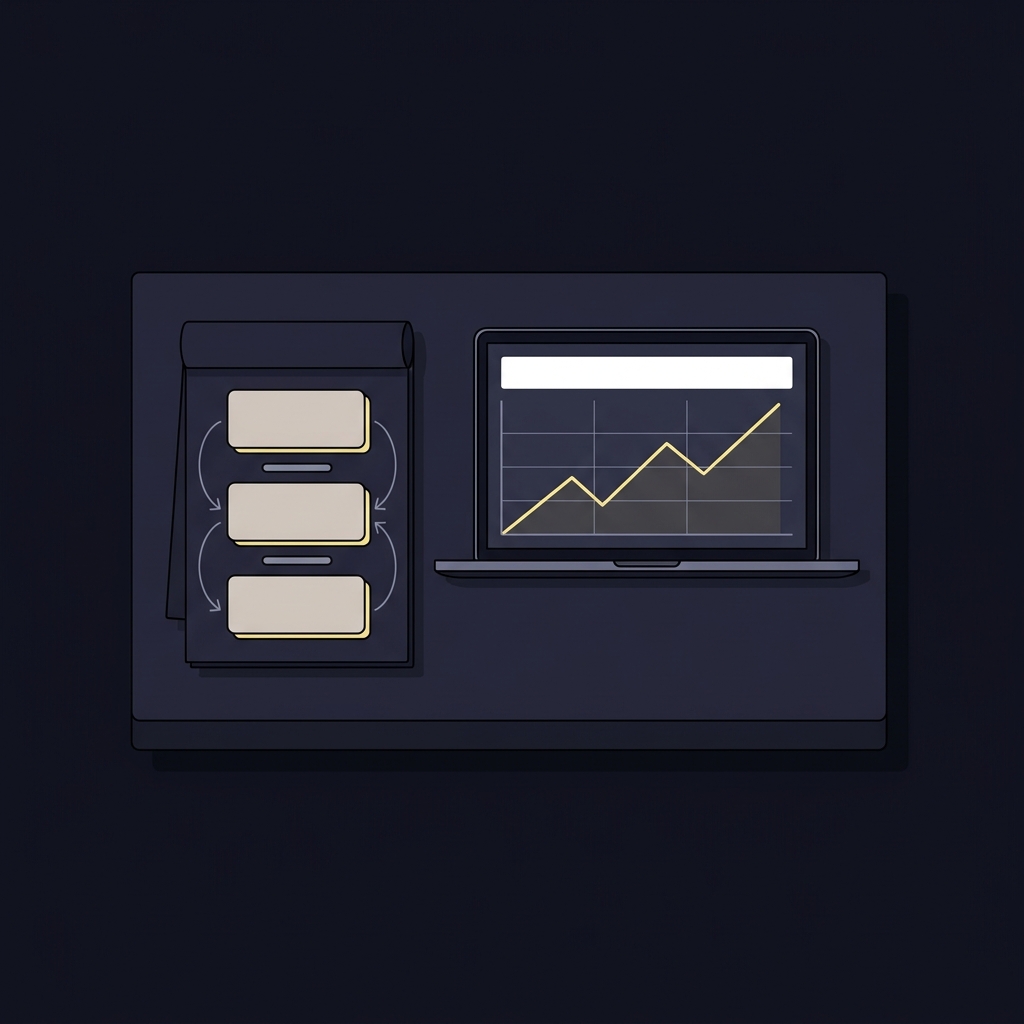 Minimalist 2D vector tidy desk with notepad showing visual conversion steps and laptop displaying a market line graph illustrating odds to implied probability in brand colors
