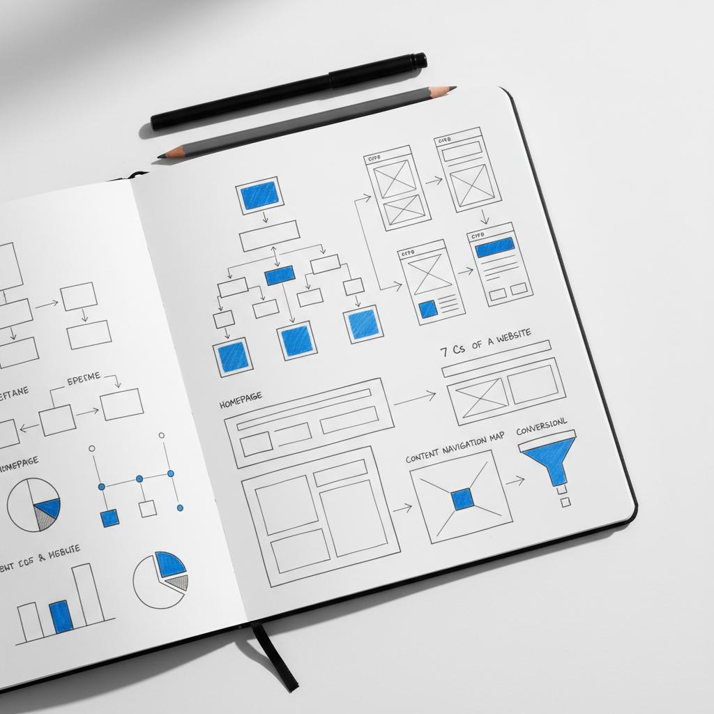 Top-down full-frame workspace flatlay with website sitemap, wireframe thumbnails, navigation flows and CTA highlights sketched in Agency Visible brand colors for 7 Cs of a website.