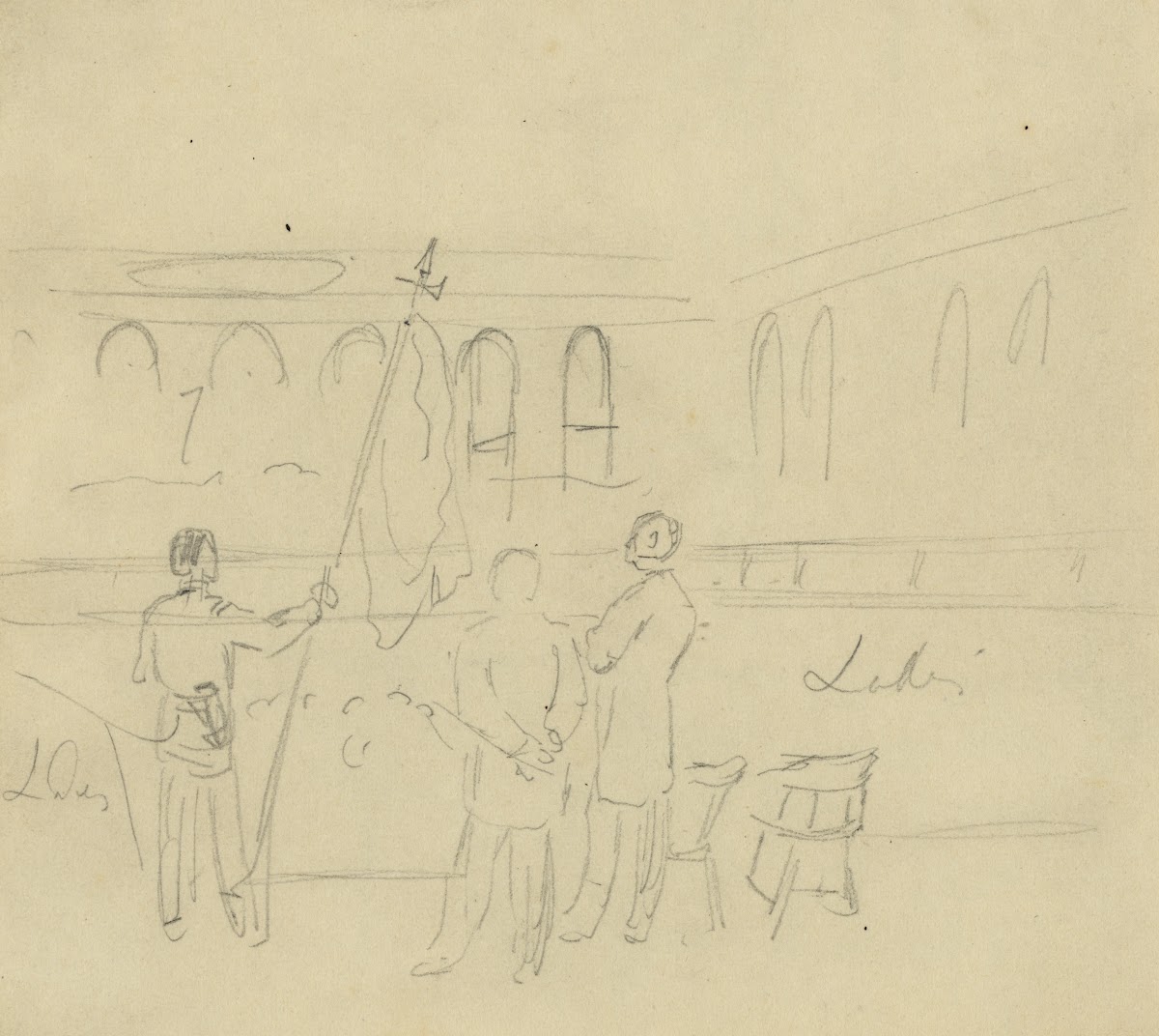 Interior of hall with three figures on a stage 1860 1865