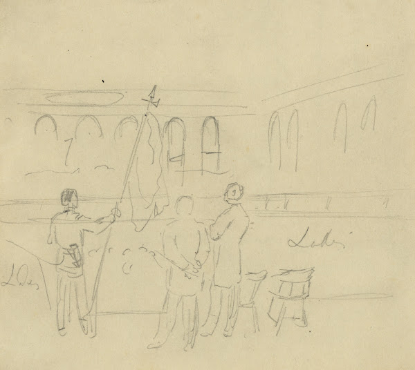 Interior of hall with three figures on a stage 1860 1865