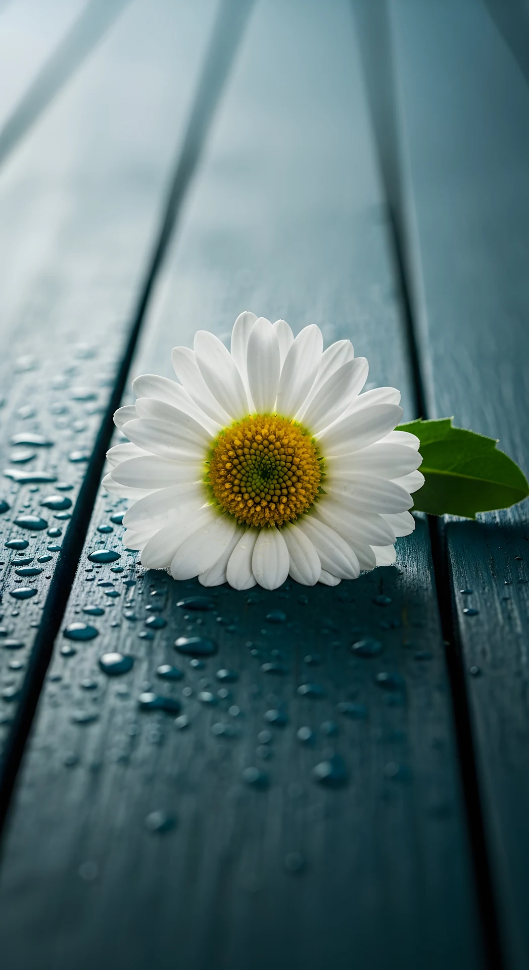 White Daisy on Wet Dark Blue Wooden Planks with Water Droplets - Free 4K mobile Wallpaper