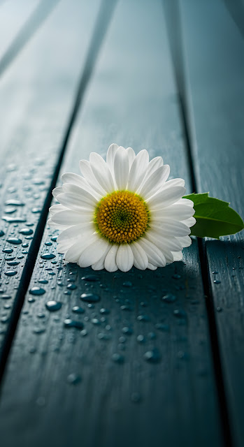 White Daisy on Wet Dark Blue Wooden Planks with Water Droplets - Free mobile Wallpaper