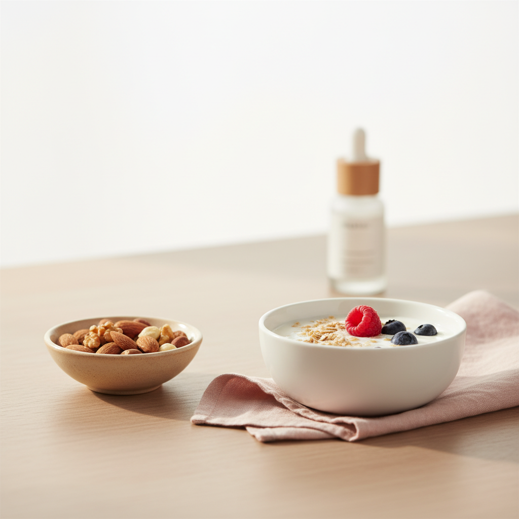 Helle Nahaufnahme eines minimalistischen Frühstückstisches mit Schale gemischter Nüsse, Joghurt mit Haferflocken und unbeschriftetem Serumflakon im Hintergrund – Nüsse für Haare