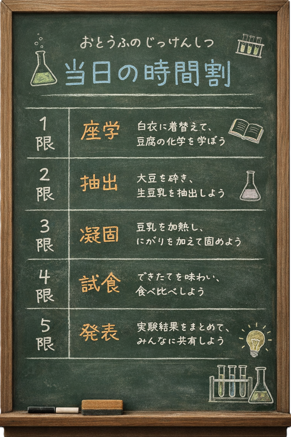 本日の時間割：1限 座学、2限 抽出、3限 凝固、4限 試食、5限 発表