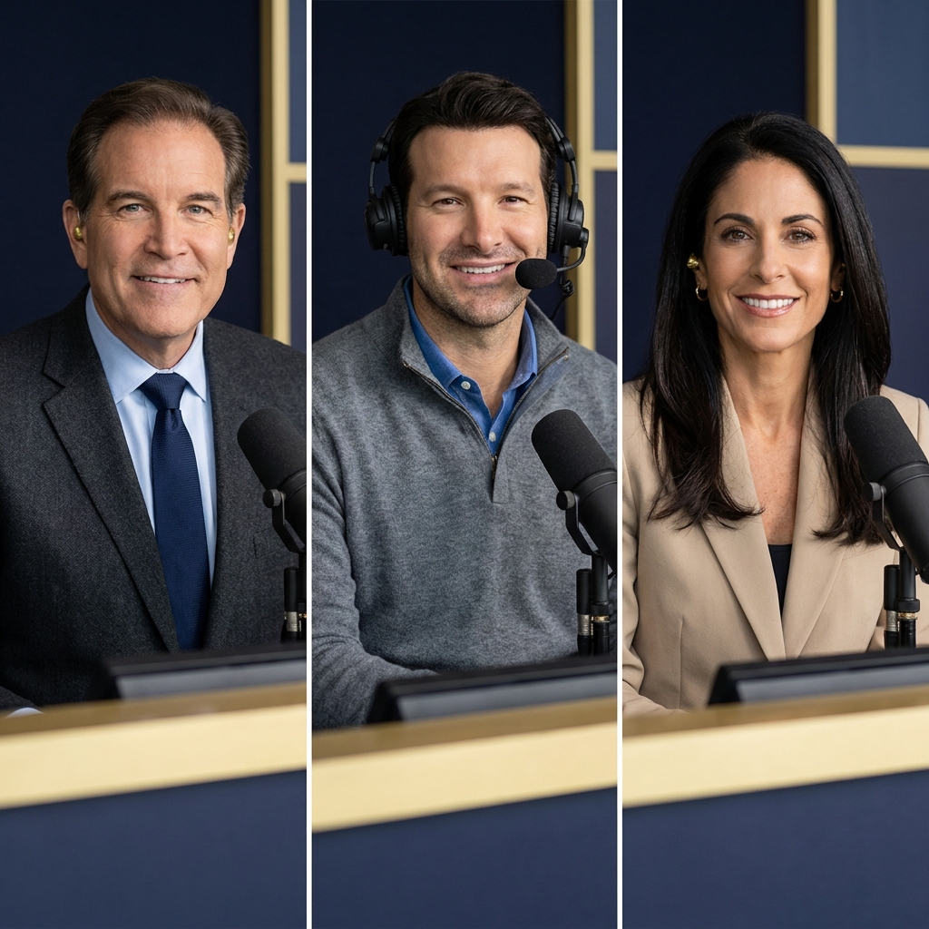 Editorial headshot collage of CBS commentators Jim Nantz Tony Romo and Tracy Wolfson in a clean broadcast booth with dark navy background and subtle Funded Plays accents cbs nfl predictions