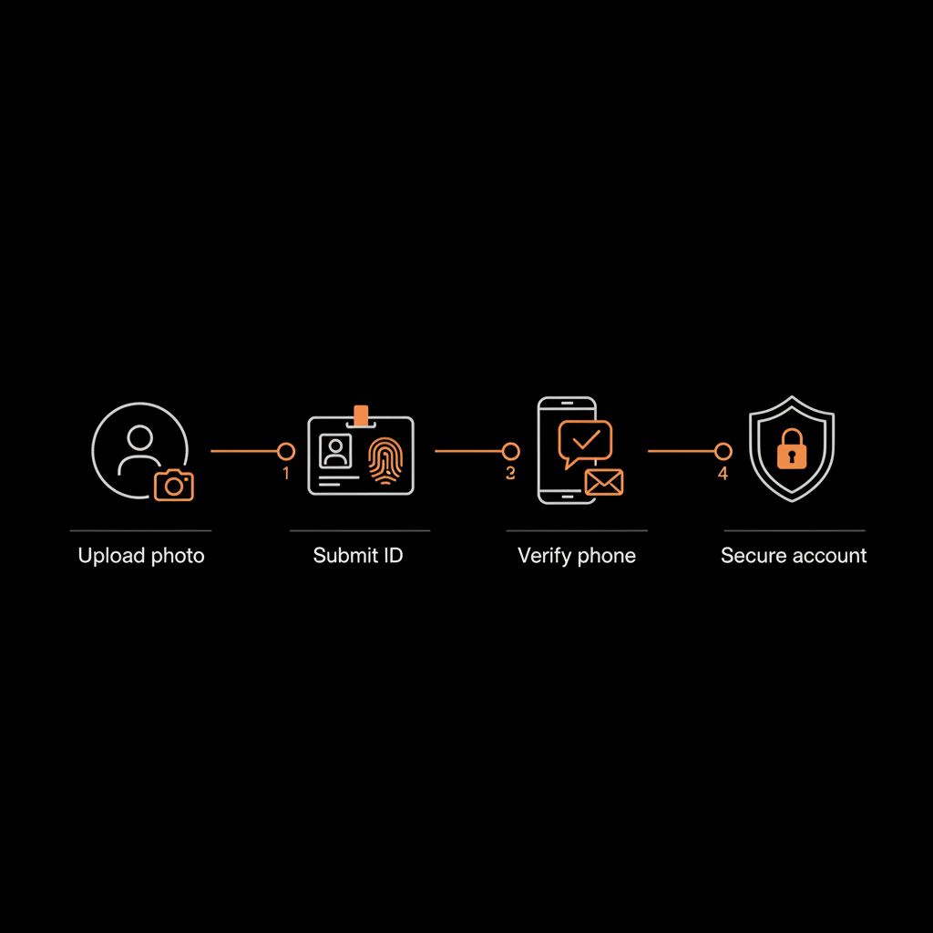 Minimal full-frame infographic showing Twitter verification requirements step-by-step with profile photo, ID card, phone verification, and shield icons on a black background with brand accents.