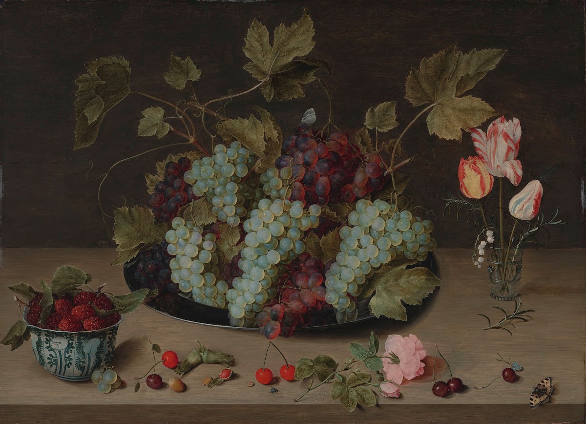 Still life with Grapes Flowers and Berries in a Wanli Bowl circa 1618 1620