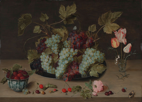 Still life with Grapes Flowers and Berries in a Wanli Bowl circa 1618 1620