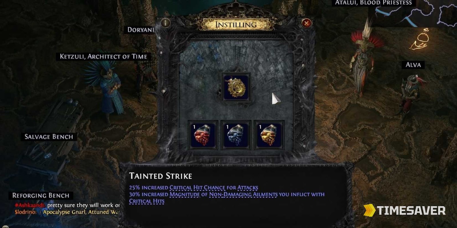 PoE2 instilling window anointing an amulet with three Distilled Emotions to grant the Tainted Strike Notable passive