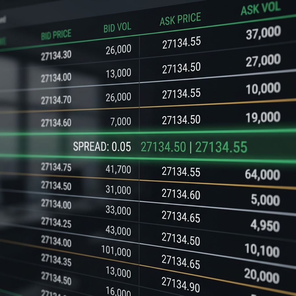 Close up of exchange order book screen with highlighted spread and depth lines in a minimalist Finance Police inspired UI best crypto to buy today