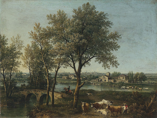 Paesaggio fluviale con pastore e gregge