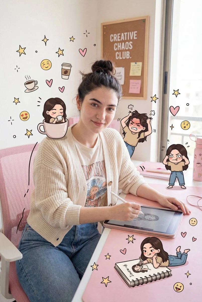 Utiliza la foto de referencia para crear un personaje femenino realista, con una sonrisa dulce y una expresión divertida y natural...