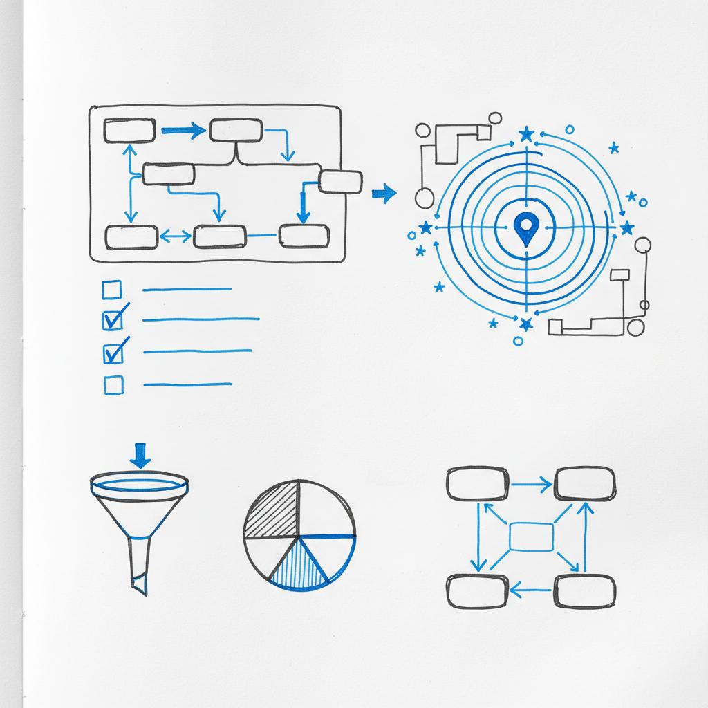 Close-up of a legal notebook page with hand-drawn client intake flow, checklists, and local search map sketches to illustrate how to get new clients as a lawyer