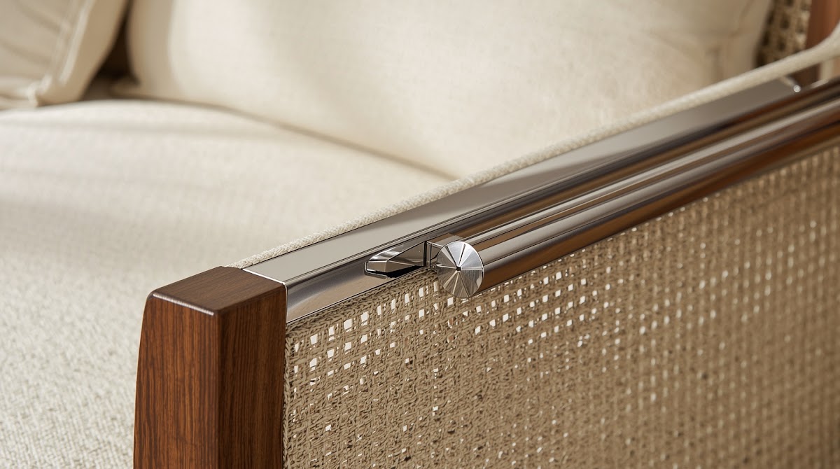 How to Fix the Most Common Chrome Decor Mistakes - chrome detail beside warm wood grain and textured fabric