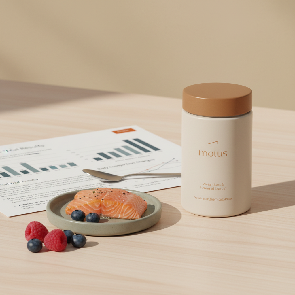 Tonum Nouro jar on a light wooden table with salmon pieces, berries and a folded research printout, illustrating what vitamin helps you focus in a minimalist nutrition scene.