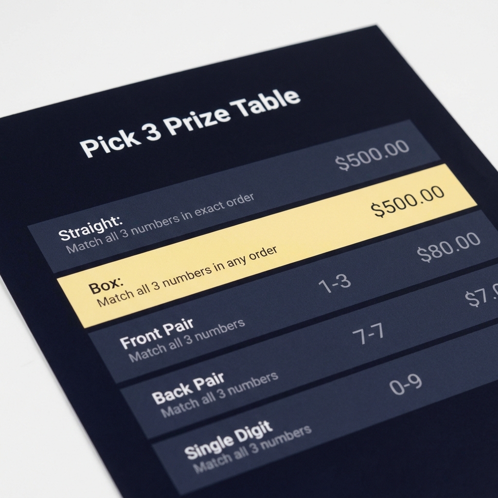 Close up printed Pick 3 prize table showing highlighted Straight and Box payout rows in Funded Plays brand colors pick 4 calculator