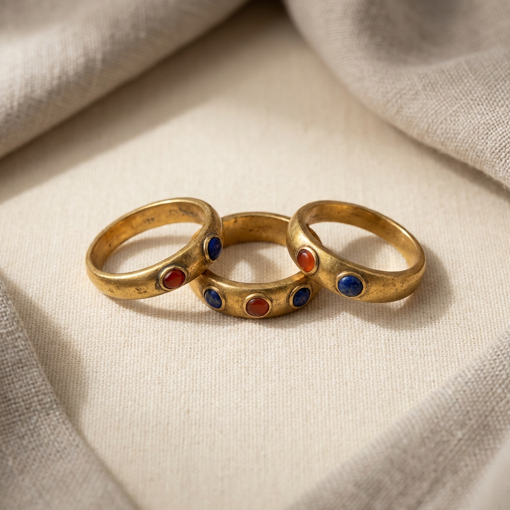 Top view of three ancient egyptian rings on a warm cream background hex ede7da with soft linen accent hex c2bdb6 and subtle gold highlights hex ae8339