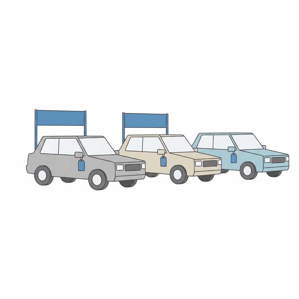 Minimalist vector of three used cars in a dealership lot with blank price badges and subtle 3666ed accents showing how much is my car worth