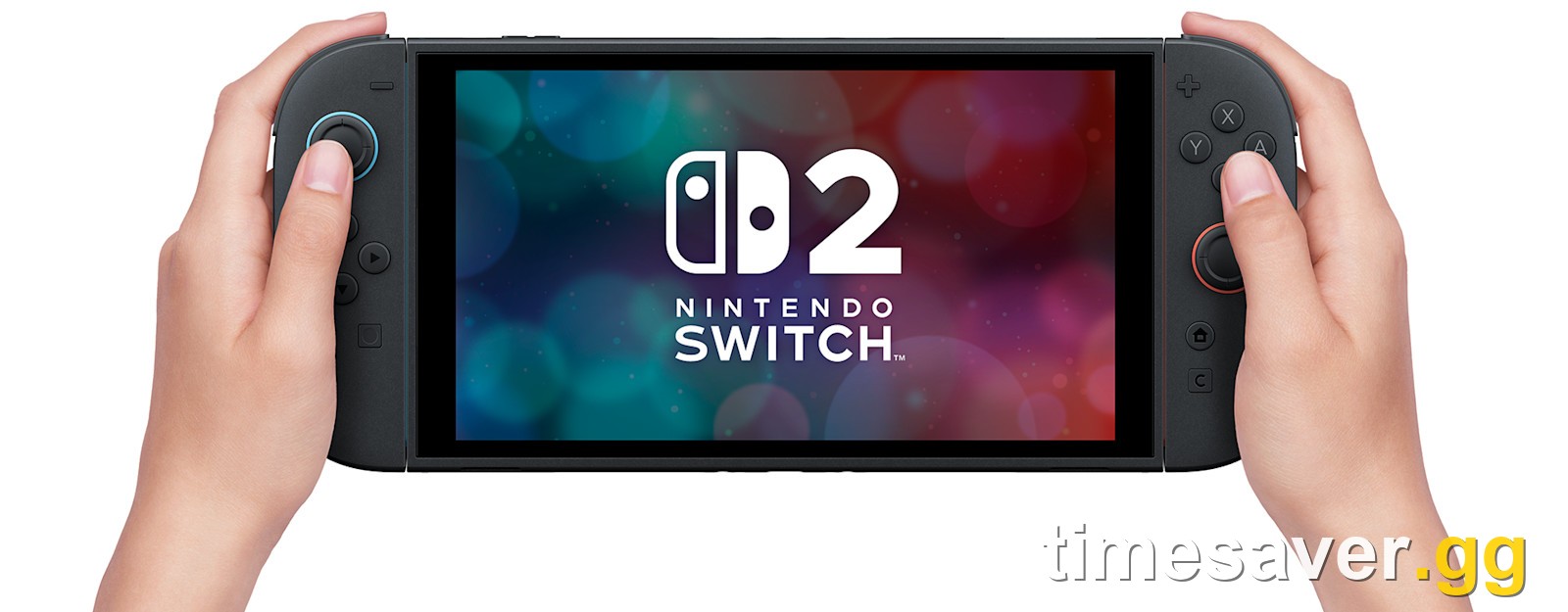 Official Nintendo Switch 2 shown in handheld mode, held in two hands — NBA 2K27 is a full Switch 2 launch title you can play docked or portably