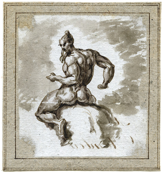 Bebaarde naakte man vermoedelijk te paard rugfiguur