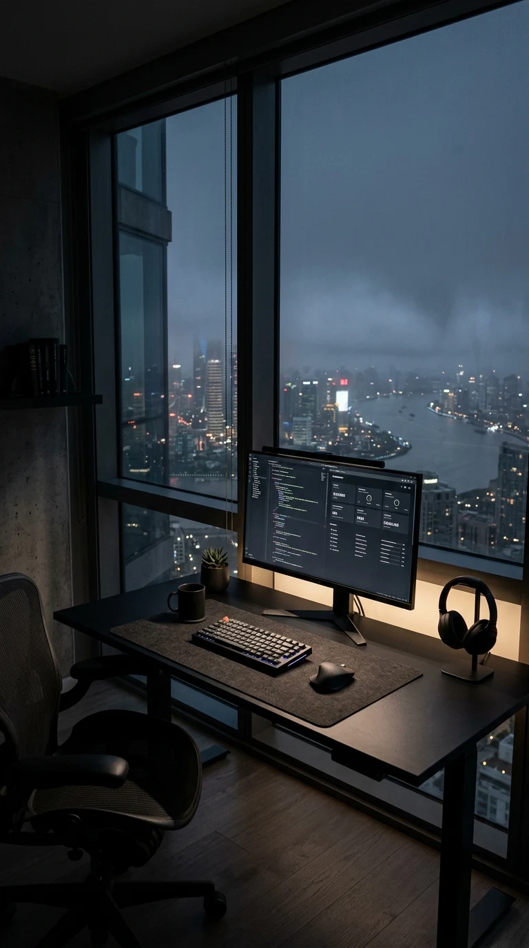 Minimalist Black Workspace Penthouse Fog View Wallpaper - Free 4K mobile Wallpaper
