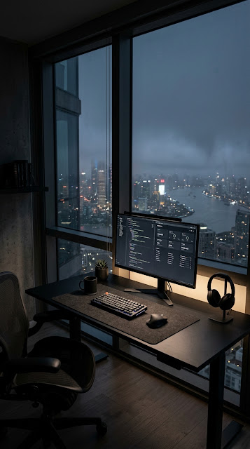 Minimalist Black Workspace Penthouse Fog View Wallpaper - Free mobile Wallpaper