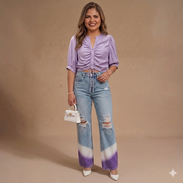 Jeans Alto Roto Azul Medio y Lila