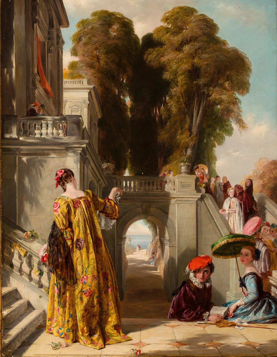 Elegant figures on the terrace of a country house