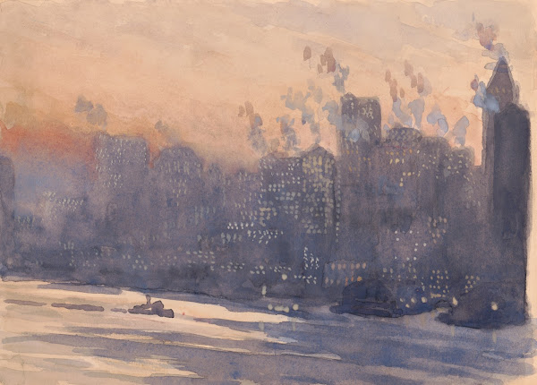 New York City harbor and skyline at night 1921