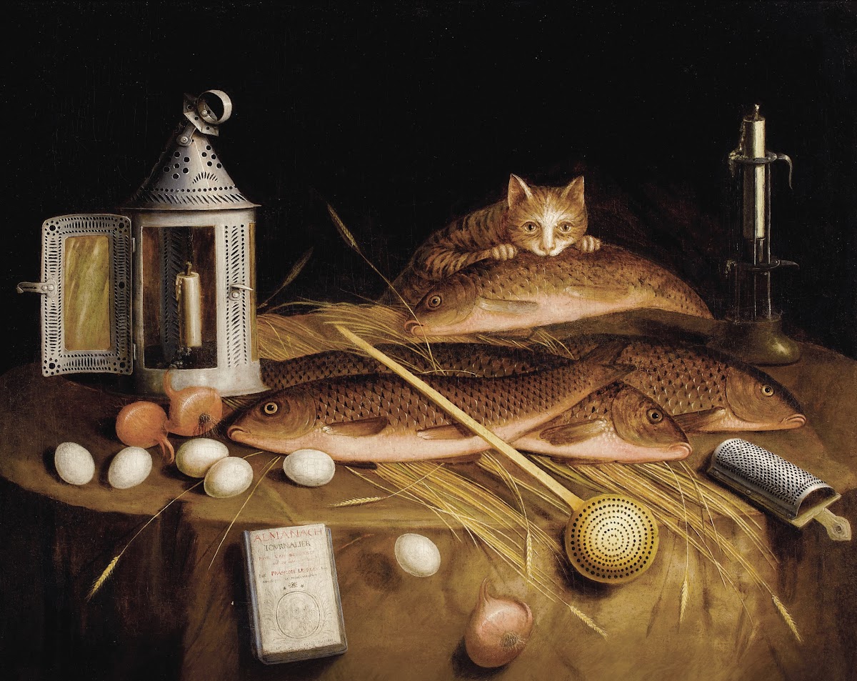 Kitchen Still Life with Fish and Cat circa 1650