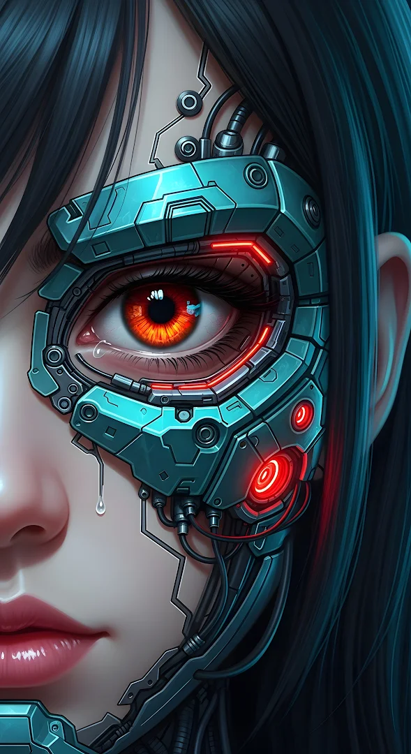 Cyborg Woman Face Close Up Mechanical Eye Tear