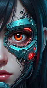 Cyborg Woman Face Close Up Mechanical Eye Tear