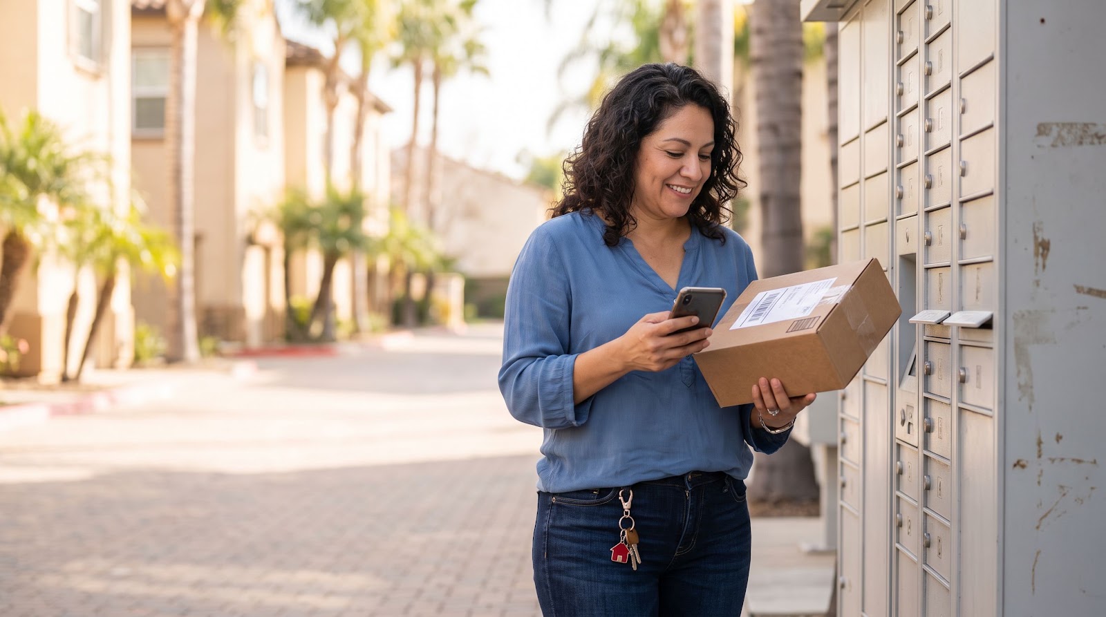 Florida porch pirate stolen packages insurance safer delivery option with a woman picking up a laptop package from a secure locker