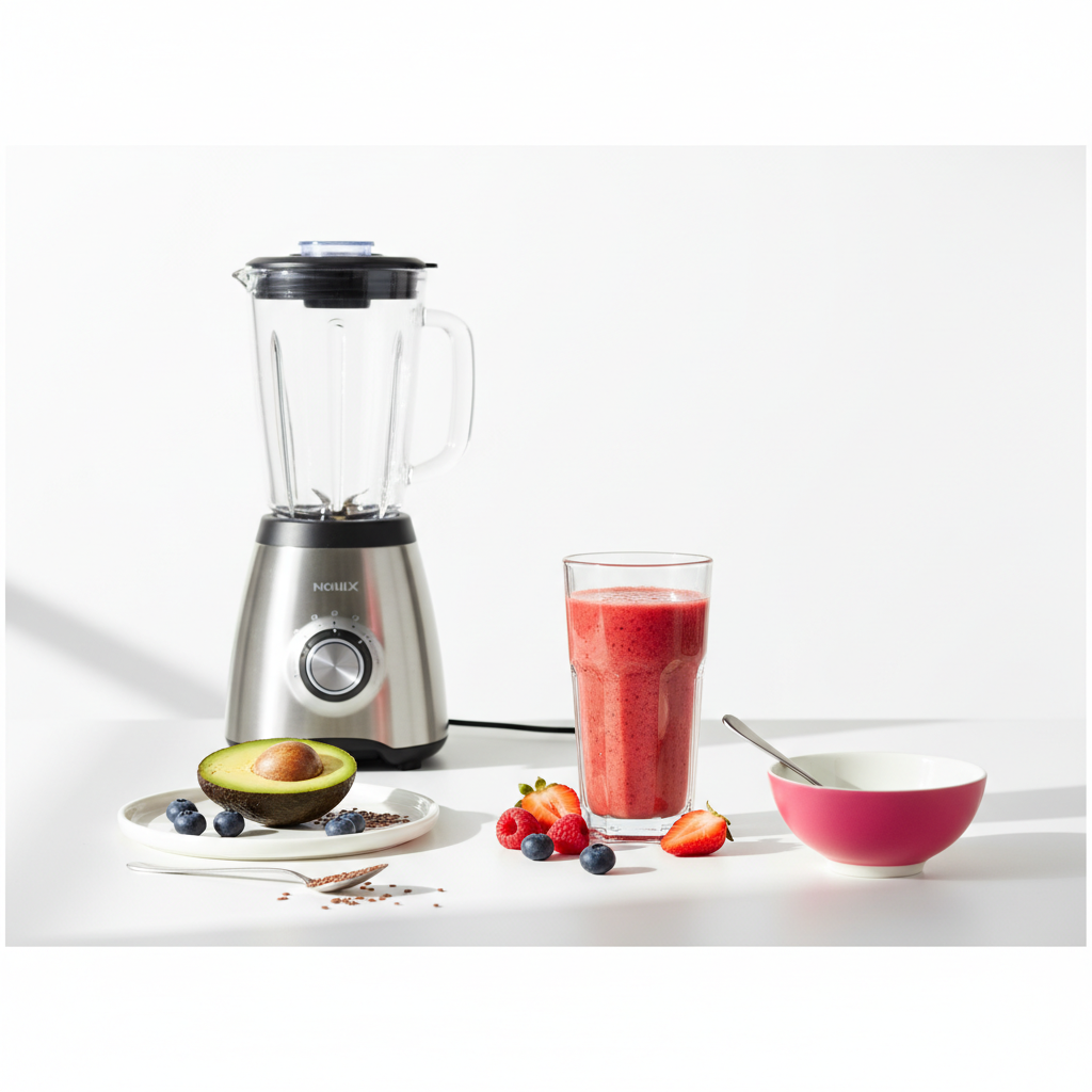 Minimalistisches Küchenstillleben mit Beeren‑Zitrus‑Smoothie, verstreuten Beeren, halbierter Avocado und Leinsamen; akzentierte Schale in #f57fb6 — Obst für gesunde Nägel.