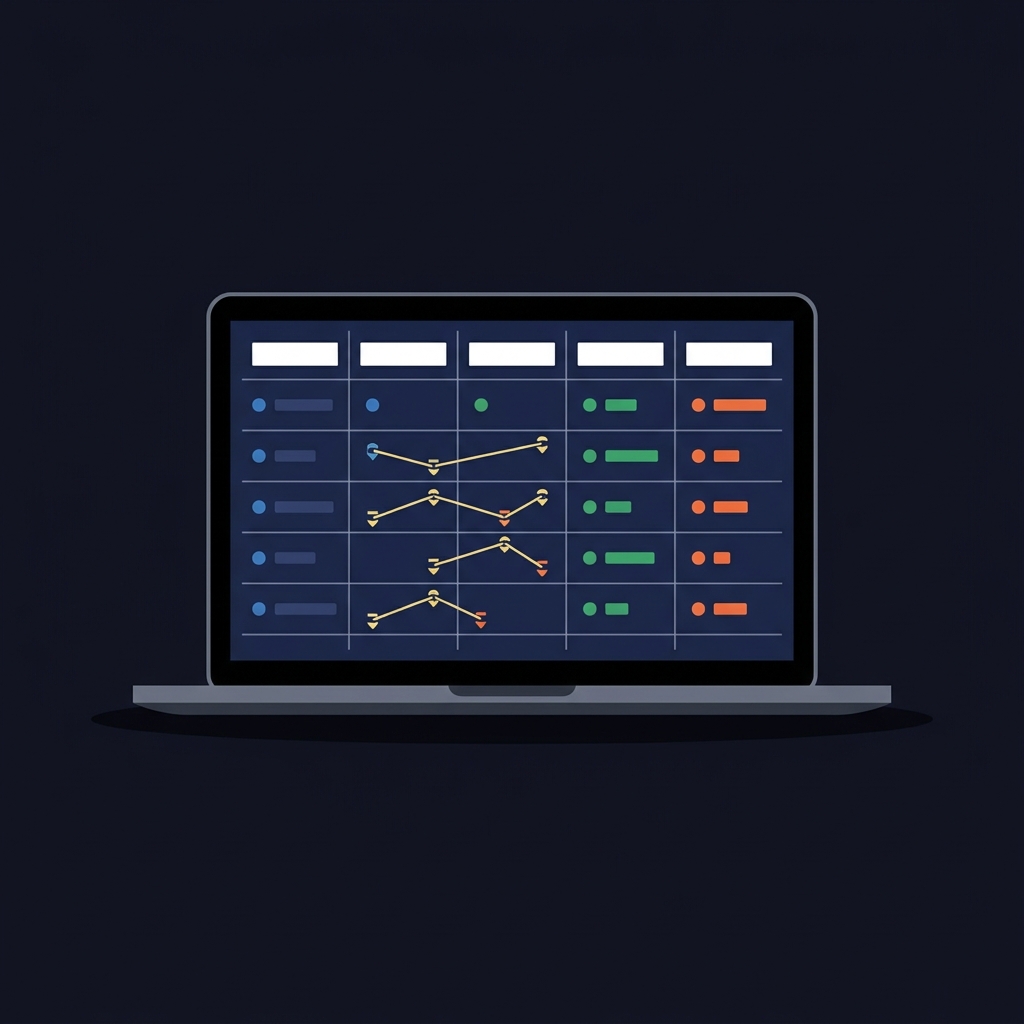 Reverse Line Movement Explained minimalist vector laptop showing a spreadsheet style tracking sheet with timestamped price snapshots and closing line comparisons highlighted in accent color