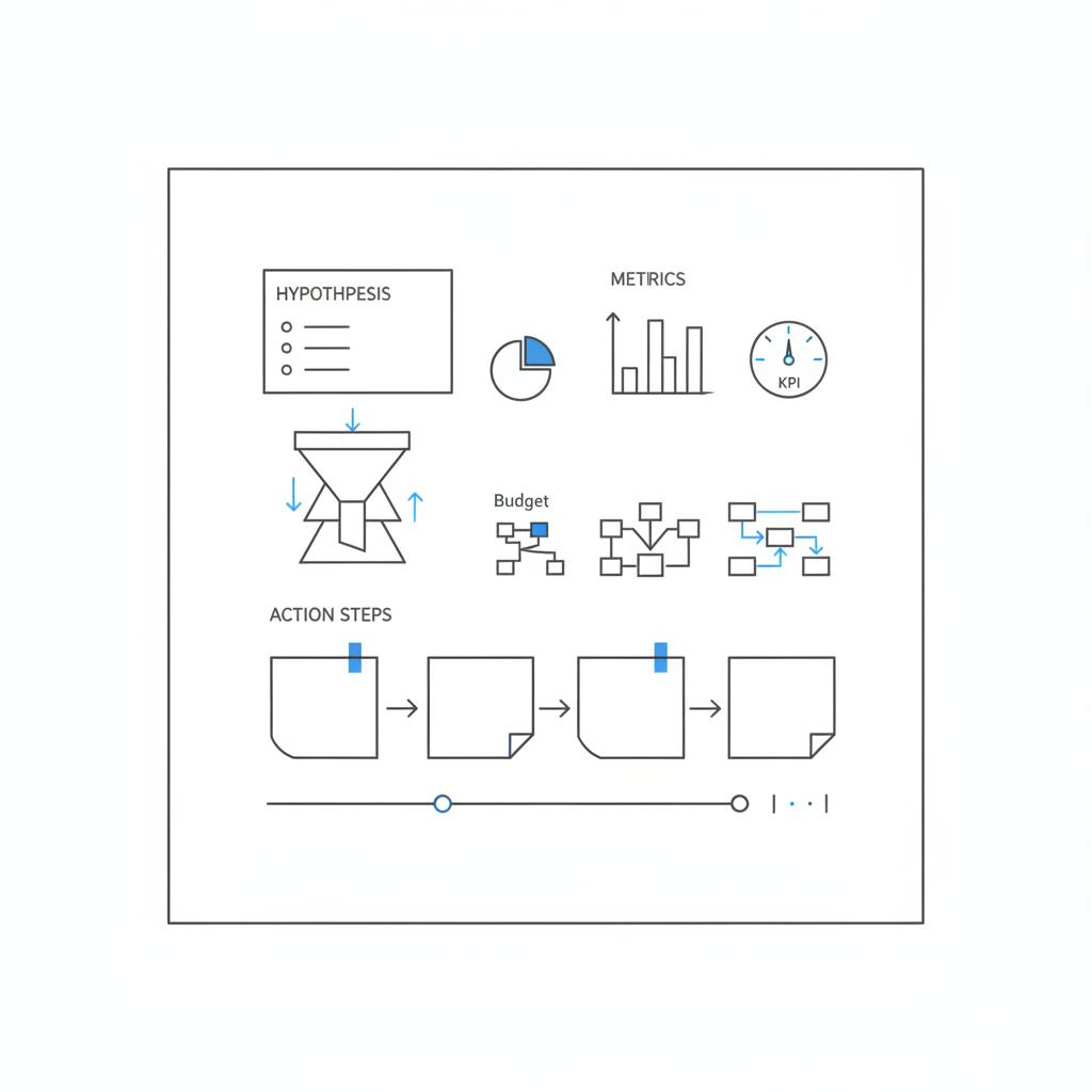 Minimalist 2D vector flat-lay of process sketches and sticky notes mapping a 2&ndash;4 week LSA test plan with hypothesis box, metrics chart and action steps &mdash; Google LSA cost per lead