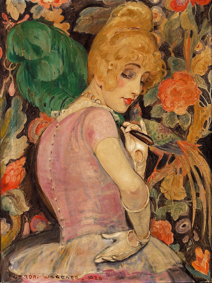 Portræt af Lili Elbe med grøn fjervifte 1920
