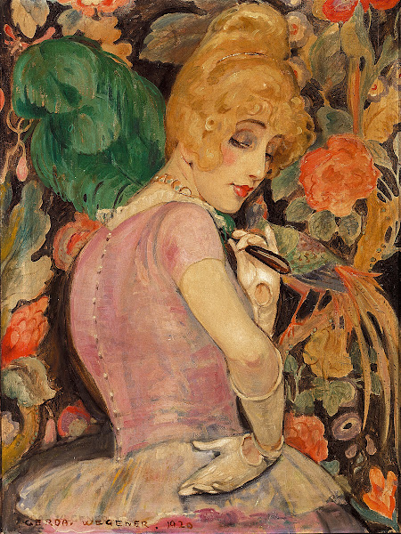 Portræt af Lili Elbe med grøn fjervifte 1920