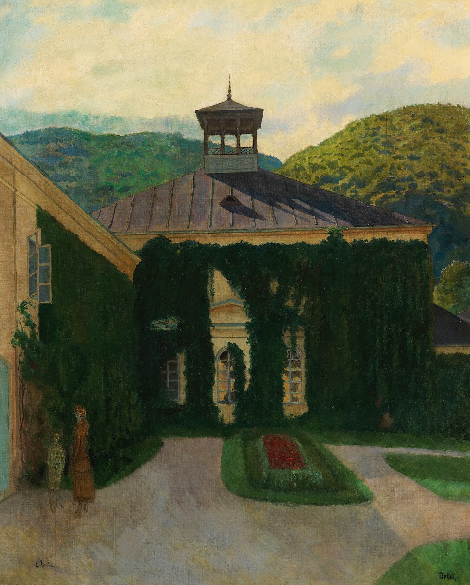 Schloss vor hügeliger Landschaft 1910