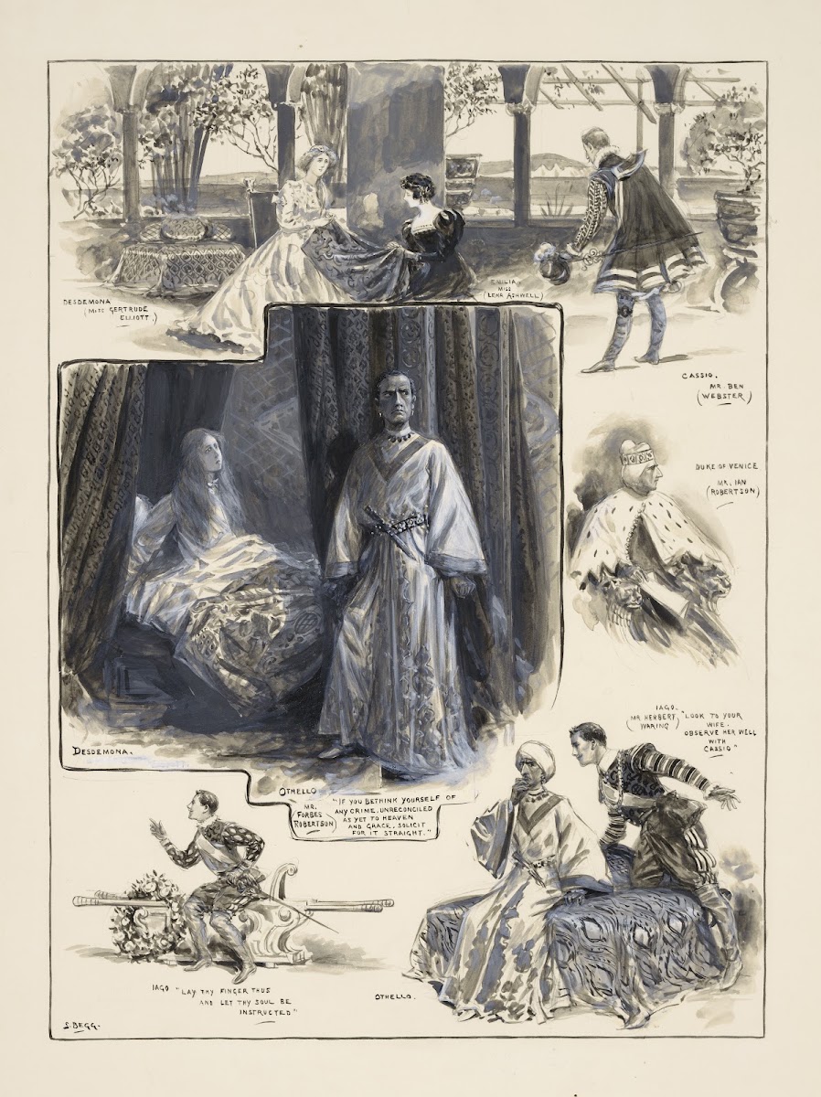 Grouped vignettes depicting characters and scenes from Othello as performed at t