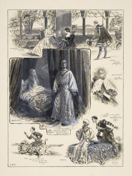 Grouped vignettes depicting characters and scenes from Othello as performed at t