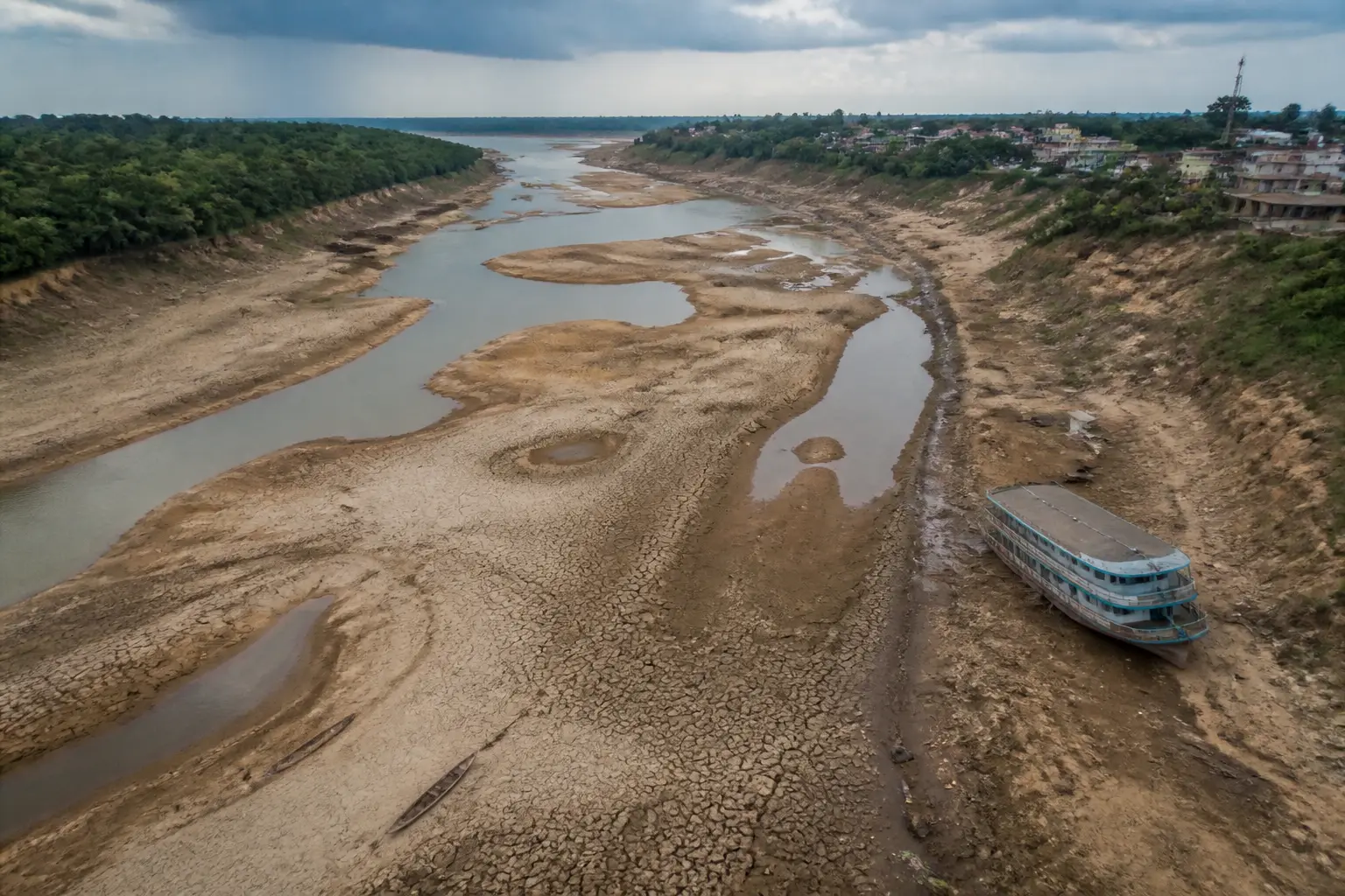 Editorial image for Drone footage shows severe drought affecting river in northern Brazil