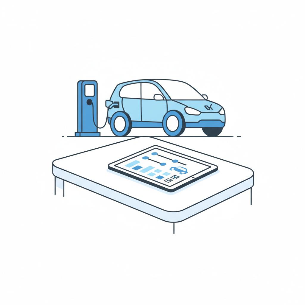 Minimalist 2D vector of a tablet showing a simplified vehicle history report on a workbench with a used electric car charging in the background used autos near me