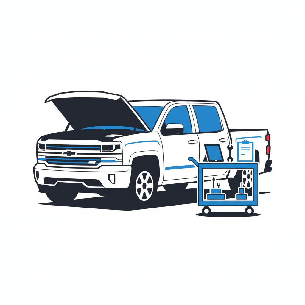 Minimalist vector of a pickup truck with open hood and inspection tools clipboard and tablet on a service cart chevy silverado for sale