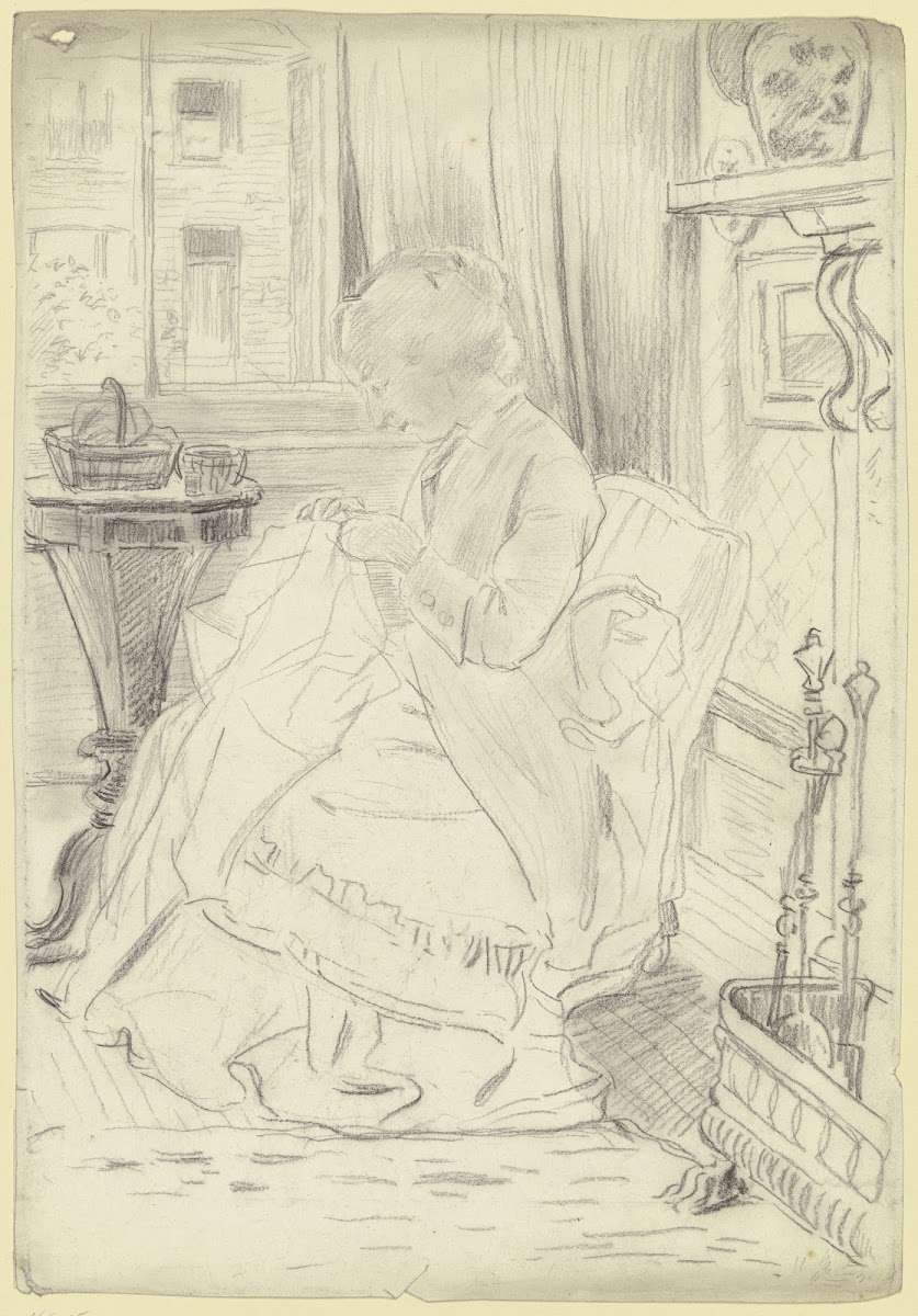 Luise Scholderer am Nähtisch mit einer Handarbeit 1871