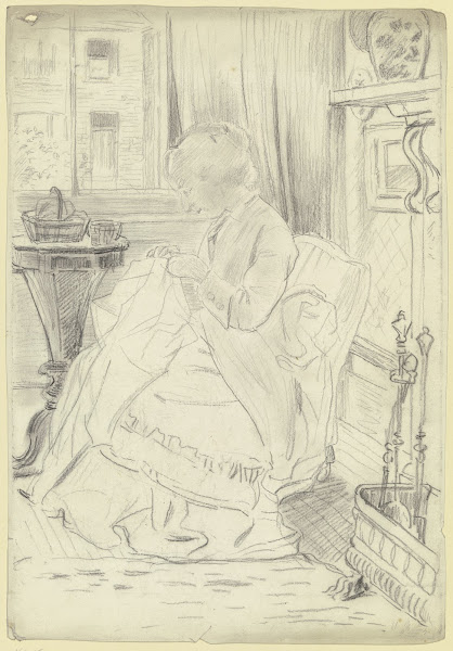 Luise Scholderer am Nähtisch mit einer Handarbeit 1871