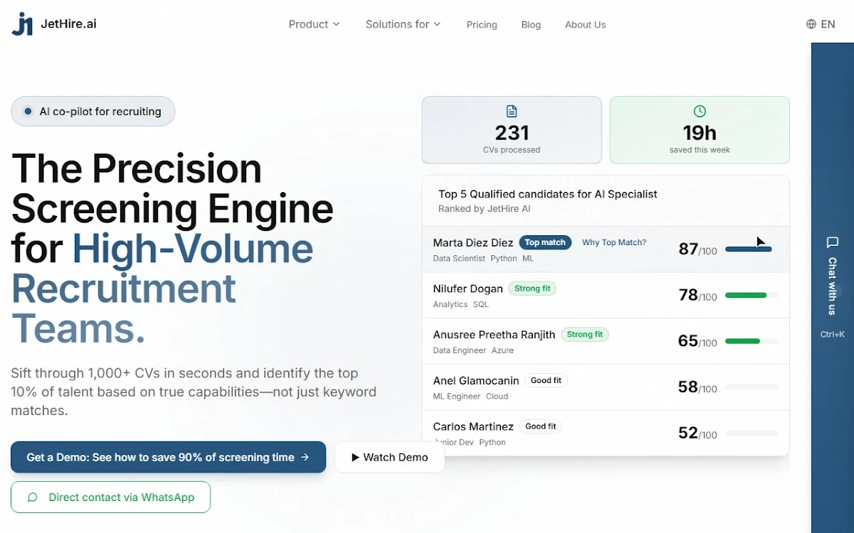 Captura de JetHire.ai - Efficient, Unbiased Hiring