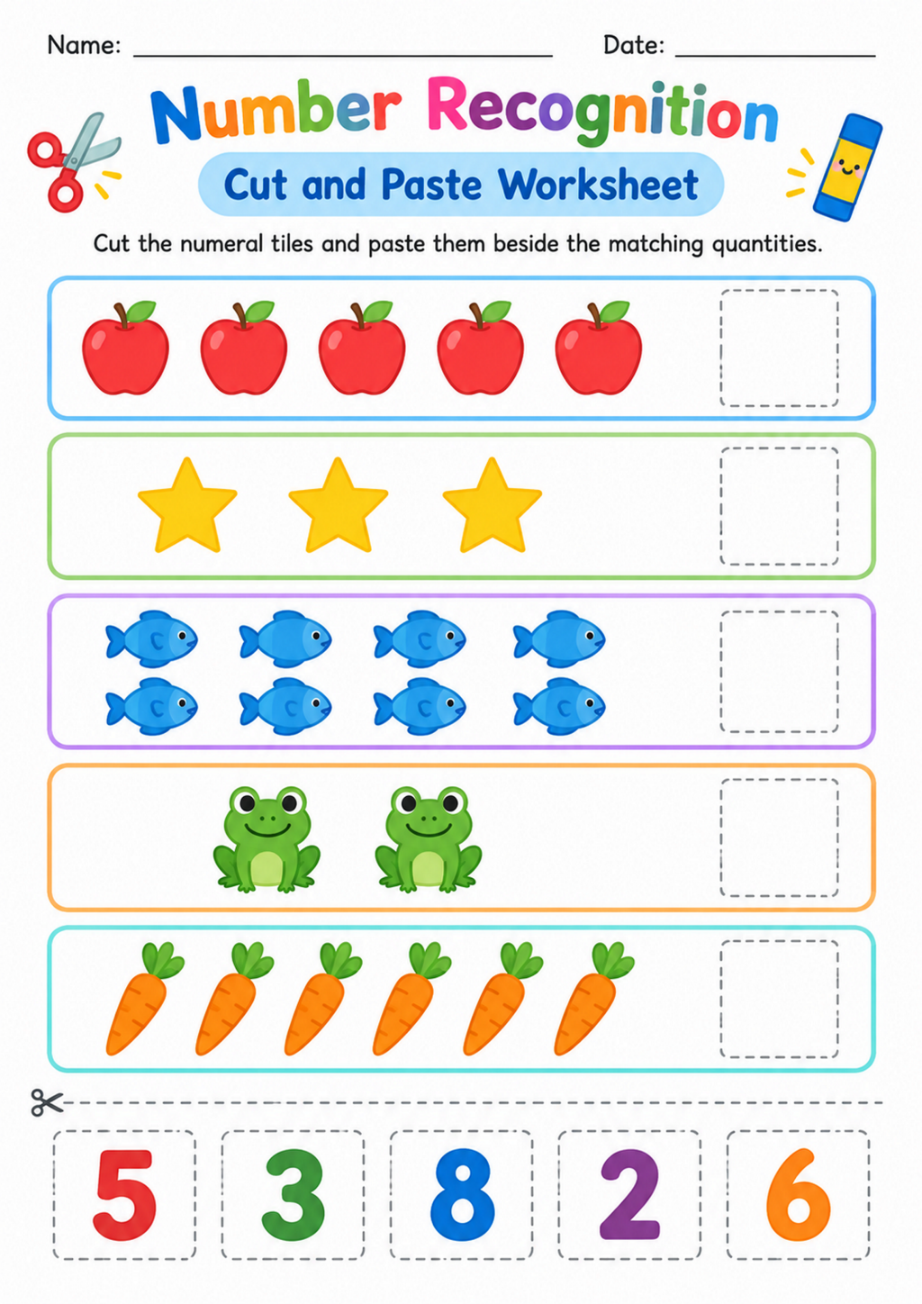 Number Recognition Cut and Paste Worksheet